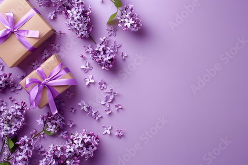  lilac flowers with gift box on pastel purple background  flat lay  top view  copy space concept for women s day and Mother   s Day greeting card design