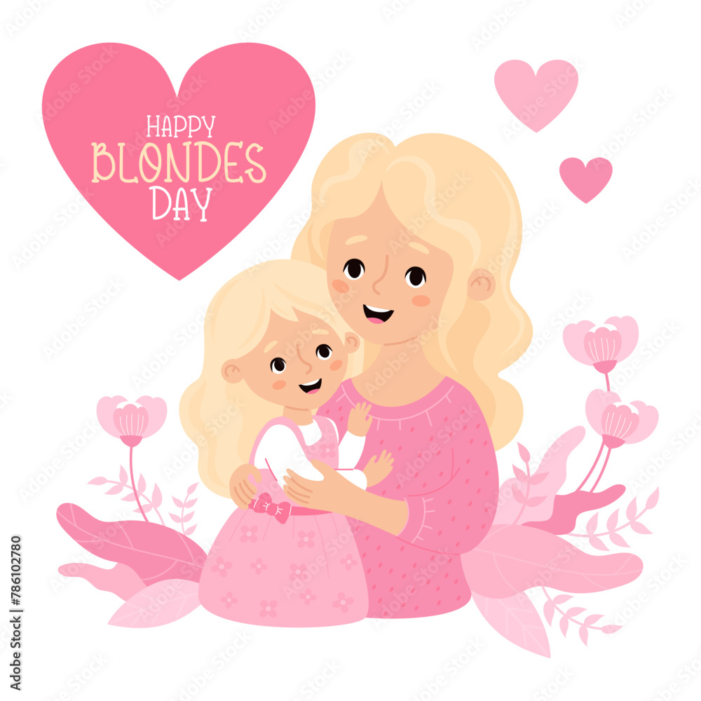 Happy Blonde Day. Cute blonde woman mother with her Fair-haired daughter in pink. Vector illustration. Holiday postcard congratulations. May 31 Happy Blonde Day. Cute blonde woman mother with her Fair-haired daughter in pink. Vector illustration. Holiday postcard congratulations. May 31