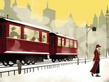 A retro tram adorned in holiday cheer travels through the wintry city, offering passengers a picturesque journey back in time