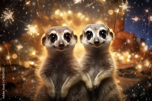 Meerkats standing on hind legs with a backdrop of shimmering lights.