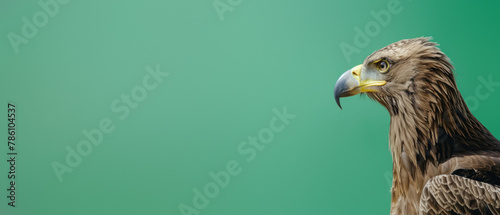 Detailed portrait of an Eastern Imperial Eagle with a sharp gaze against a muted green background emphasizing its fierce beauty photo