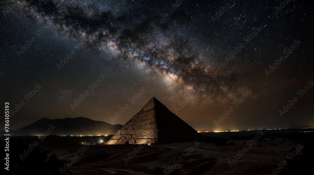 The Great Pyramids of Giza and the Milky Way in Egypt - obrazy, fototapety, plakaty 
