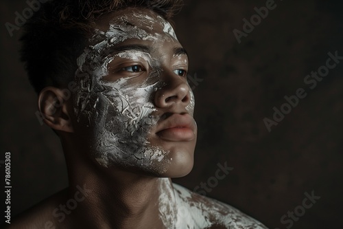 AI generated illustration of a young man with white paint on his face and eyes