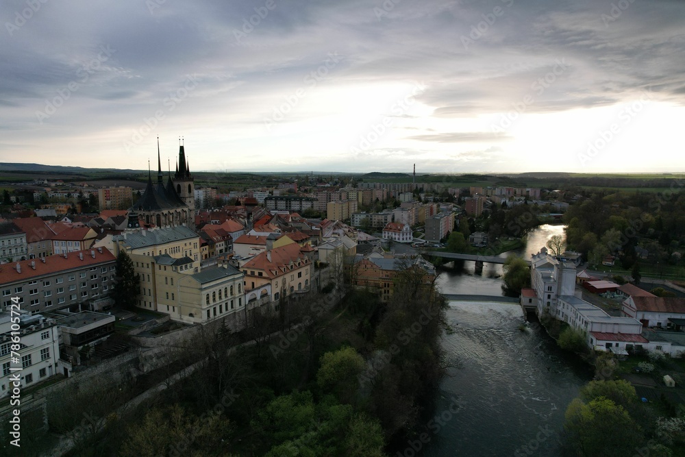 Bird's eye view of Louny city on a bank of a river in Czech Republic on a cloudy day Bird's eye view of Louny city on a bank of a river in Czech Republic on a cloudy day