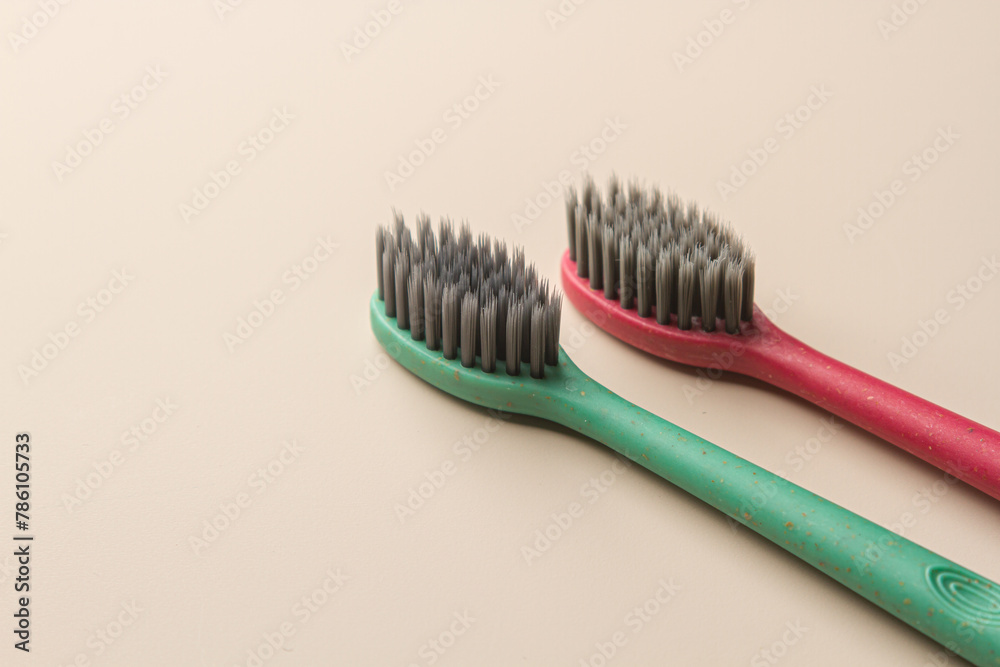 Oral hygiene concept. Colored toothbrushes - obrazy, fototapety, plakaty 
