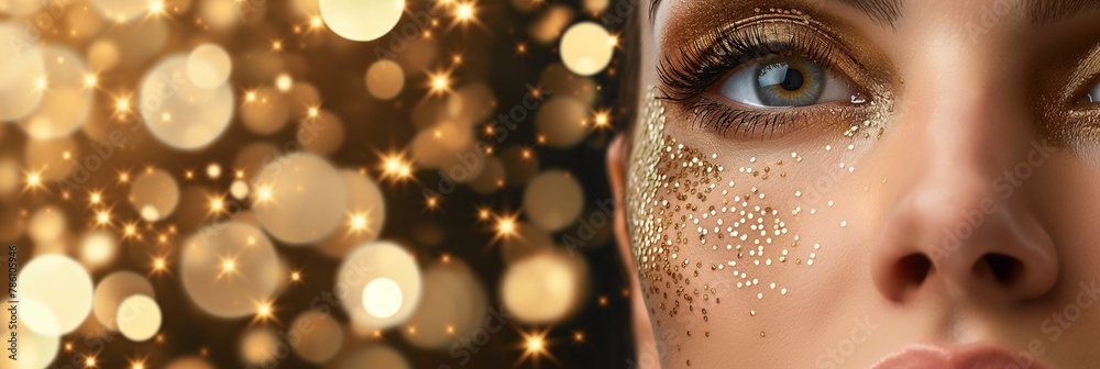 Close-up beauty banner with golden woman makeup and bokeh lights