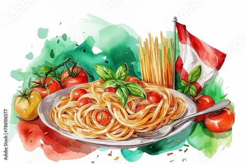 Italian traditional brunch, pizza, pasta and ravioli. Watercolor hand painted illustration isolated on white background for menu design, print, social media.