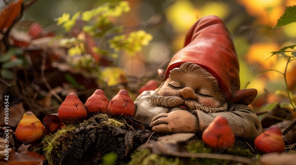 a gnome figurine with two mushrooms in his garden - obrazy, fototapety, plakaty 