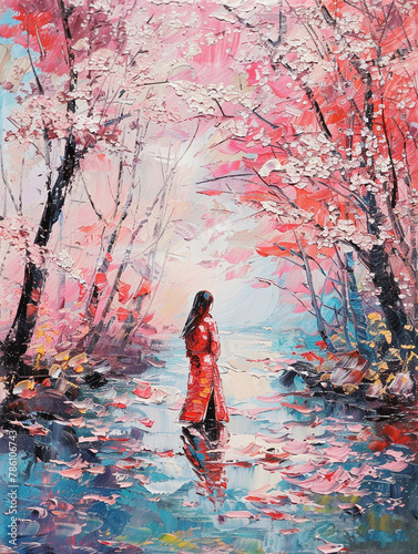 An oil painting, cherry blossom, art oil painting