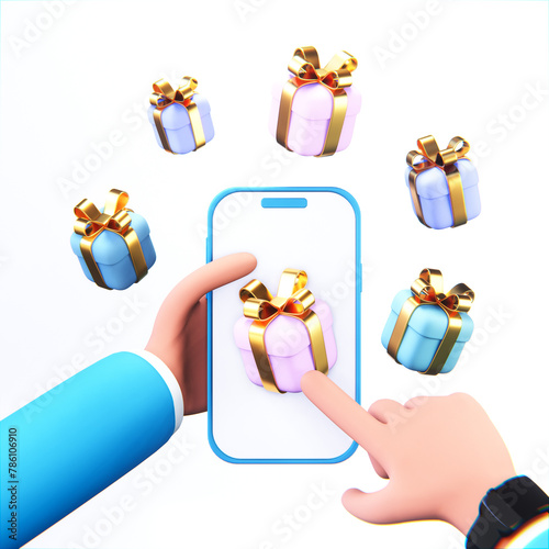 3d online shopping background with hand holds smartphone, purchase gift present 