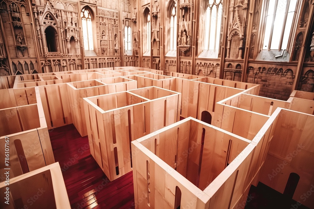 a maze in the middle of a cathedral with a wooden floor