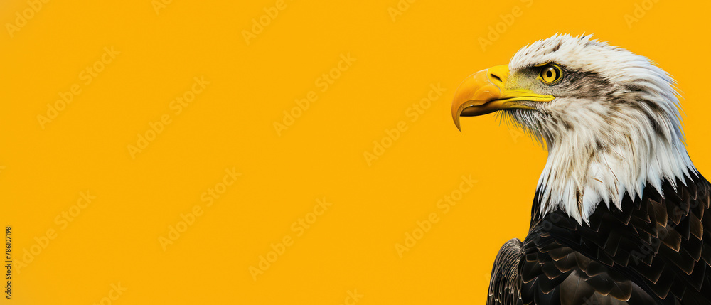 Fototapeta premium An intense close-up of a Bald Eagle's head contrasts with a vivid yellow background, highlighting the bird's fierce expression and sharp beak