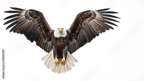 A powerful bald eagle spreads its wings wide against a clear sky, showcasing its strength and freedom in flight