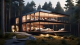 The façade of a modern, minimalist luxury home designed for luxurious camping. At night, glass cabin amid the woods. A contemporary lodge in a dense woodland. artificial intelligence