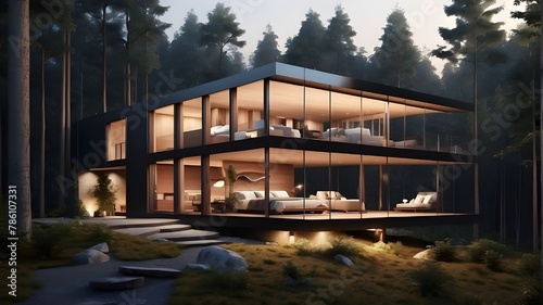 The fa  ade of a modern  minimalist luxury home designed for luxurious camping. At night  glass cabin amid the woods. A contemporary lodge in a dense woodland. artificial intelligence