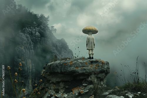a person on a rocky cliff holding an umbrella over his head