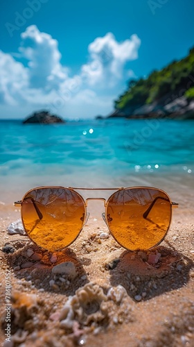 AI generated illustration of yellow sunglasses resting on sandy beach