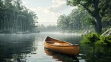 A small wooden canoe sits in a lake surrounded by trees