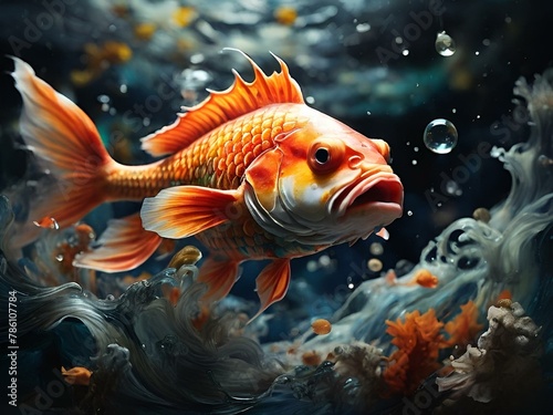 AI generated illustration of a fish with a large face design surrounded by tiny bubbles © Wirestock