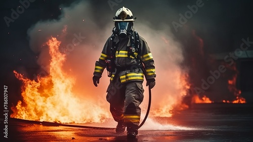 firefighter walking away from raging fire with hose and gear photo