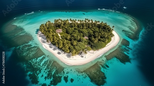 an island in the middle of the water with a hut and sand beach