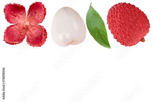 lychee fruit isolated on white background with full depth of field. Top view with copy space for your text. Flat lay photo