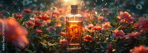 Perfume bottle in different floral backgrounds, magical atmosphere and beautiful light