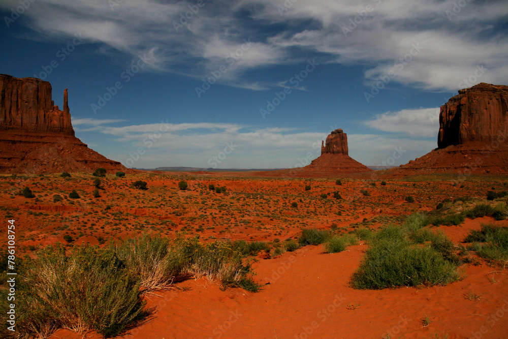 West and East Mitten Buttes in Arizona under cloudy sky