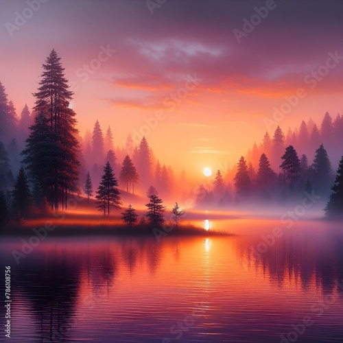 sunrise in a foggy landscape over lake with pine trees and mist