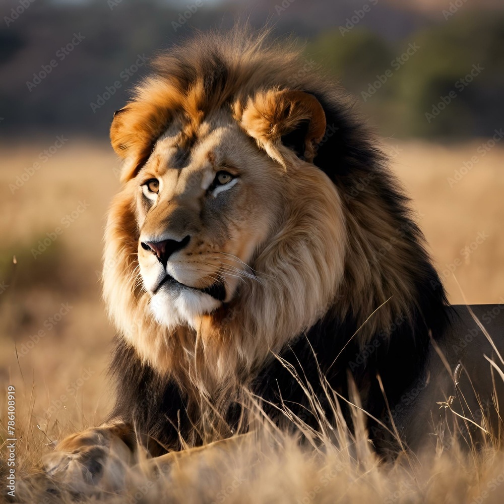 AI generated illustration of a big lion rests on dry grass in an open field