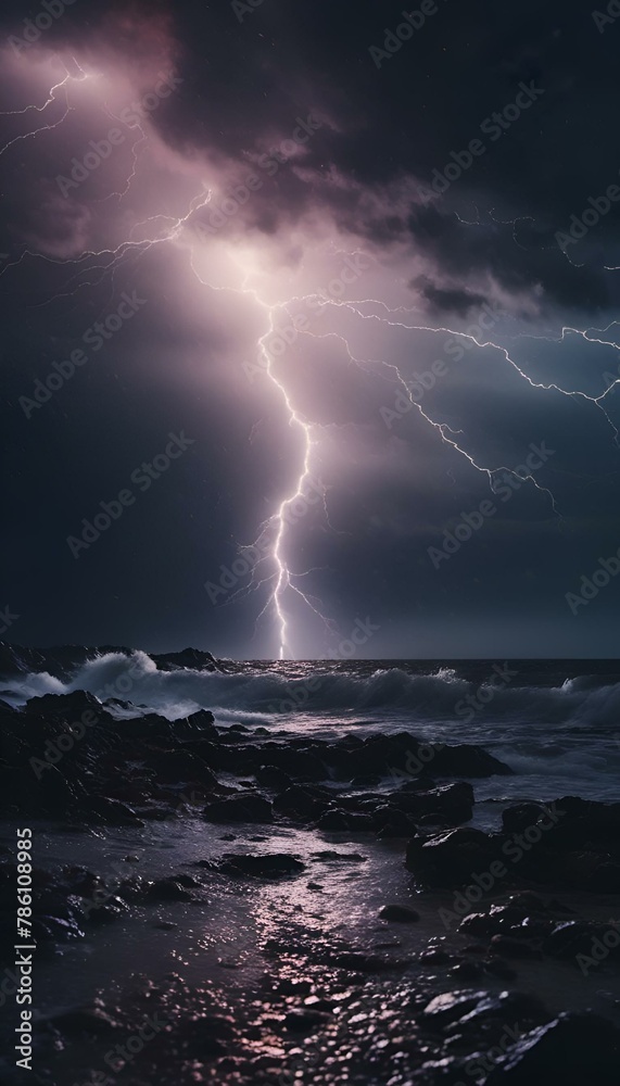AI generated illustration of lightning illuminates the night sky over the ocean in a stunning photo