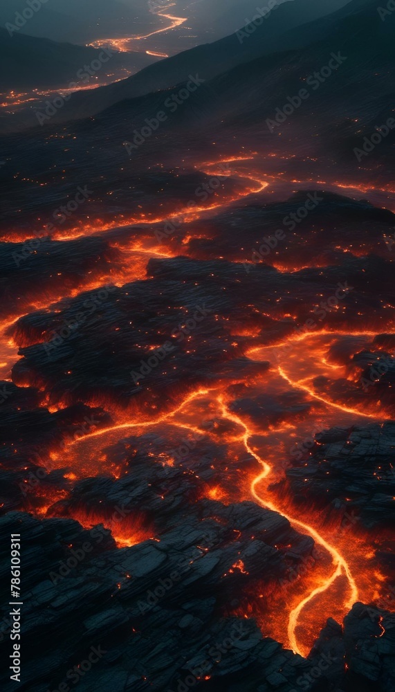 AI generated illustration of an aerial view of a volcanic eruption in a lava field