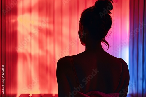 Silhouette of a woman in a colorful, illuminated steam room. Spa and health retreat concept