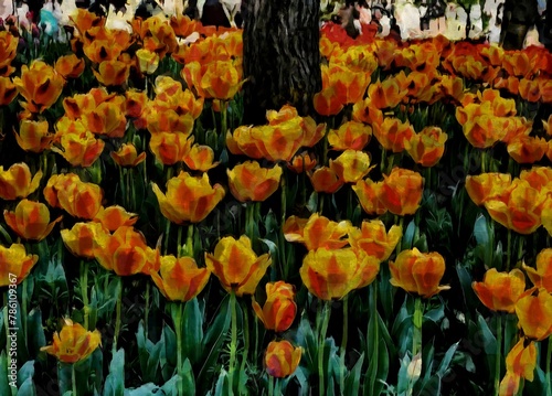 AI generated illustration of a painting of yellow orange tulips on a field © Wirestock