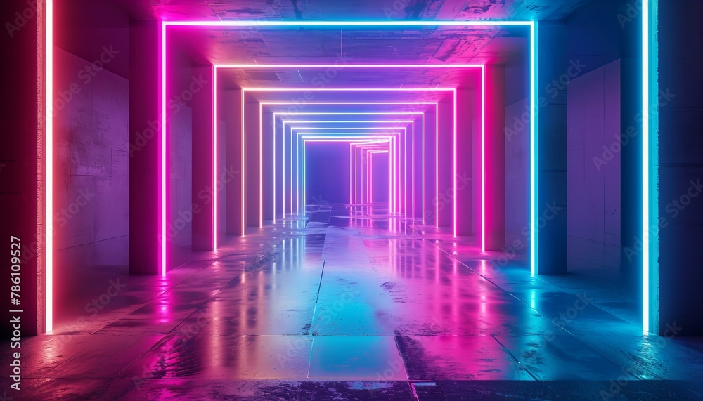 Vibrant neon light tunnel with a perspective view. Abstract modern art and futuristic design concept