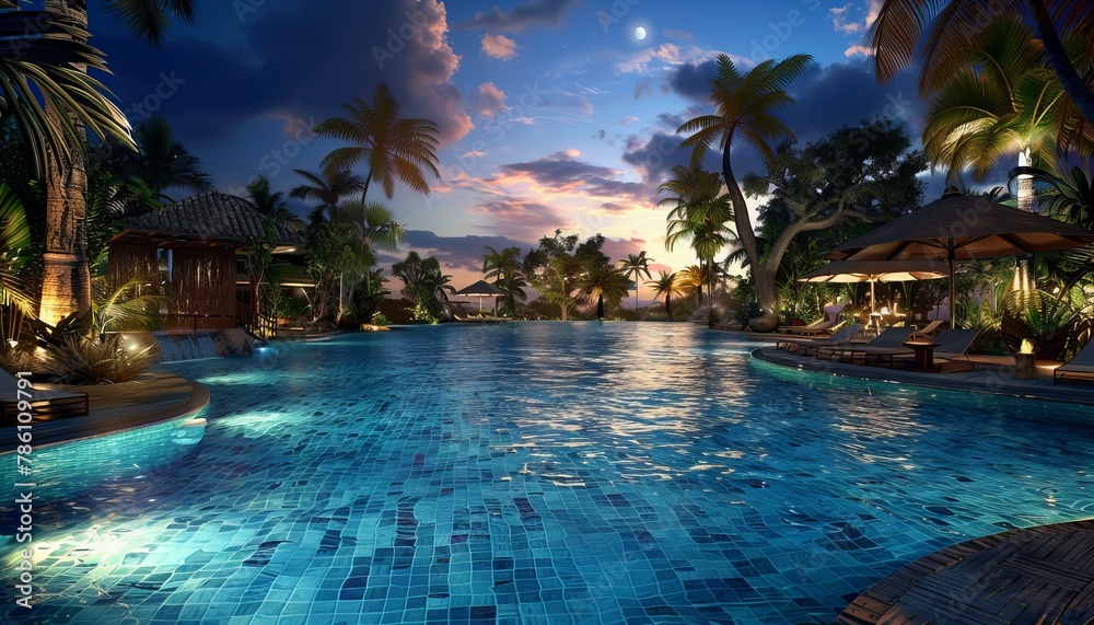 Tropical resort pool at dusk with palm trees. Relaxation and travel. Design for travel brochure