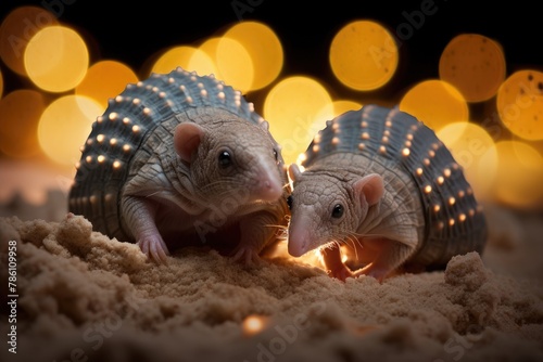Armadillos digging in a sandy area with soft bokeh lights.