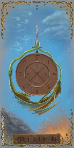 WHEEL OF FORTUNE. Card number 10. Magical tarot. Tarot Major Arcana Cards. Free-hand digital painting. Not using AI.