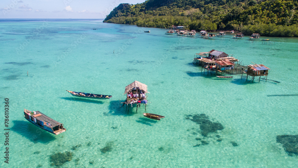 Beautiful aerial view borneo sea gypsy water village in Bohey Dulang Island, Semporna Sabah, Malaysia.