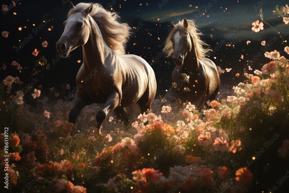 Horses frolicking in a field with illuminated flowers.