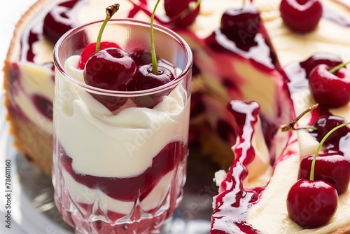 Sweet cherry cheesecake with cream in a glass
