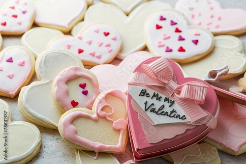 Vanilla sugar cut out cookies with pink glaze and sprinkles for Valentines Day in a treat box