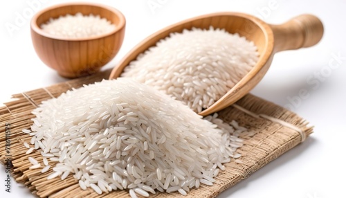 white Rice, Oryza sativa, edible starchy cereal grain on the white background photo