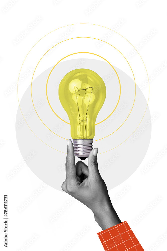 Fototapeta premium Vertical collage image of black white colors arm fingers hold light bulb isolated on painted white background