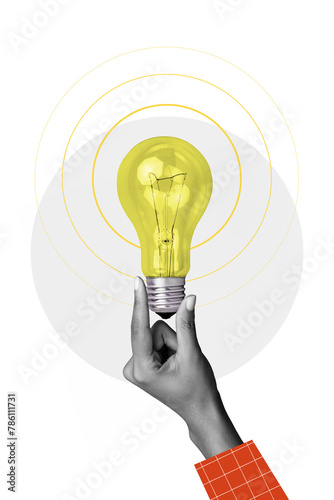 Vertical collage image of black white colors arm fingers hold light bulb isolated on painted white background
