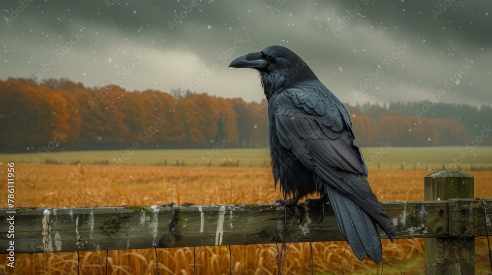 Fototapeta premium A raven sits on a fence on a gloomy winter day against a stormy sky.