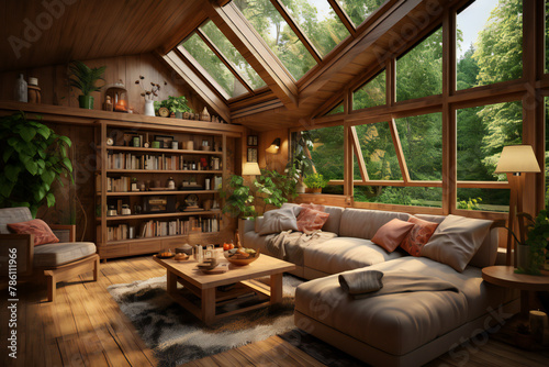 AI generated illustration of Cozy interior of a country house in a wooden design.