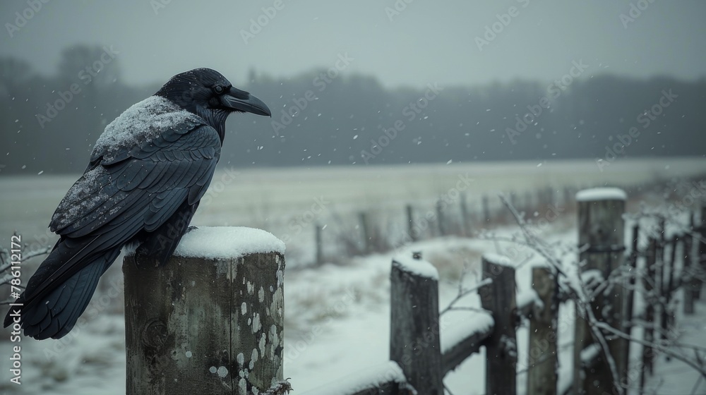Obraz premium A raven sits on a fence on a gloomy winter day against a stormy sky.