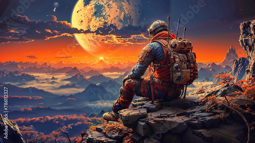 a spaceman is looking to martian landscape with a sunset scene