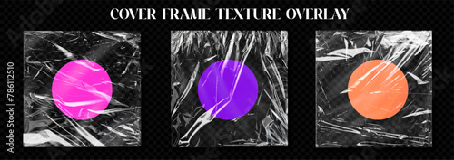 Vinyl plastic album cover frame shrink texture overlay. Triptych of crinkled plastic textures, each highlighted by a bold colored circle, evoking a creative and edgy feel, perfect for modern designs. © ZinetroN